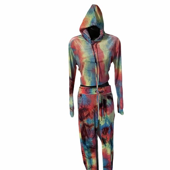 Women's Tie Dye Long Sleeve Crop Hoodie Elastic Waist Leggings -2 Piece Set - Picture 6 of 7